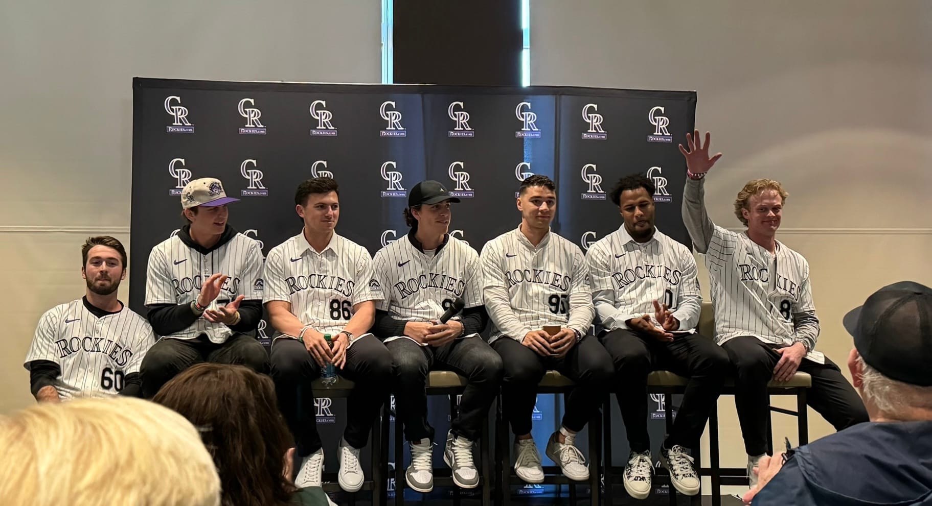 This pic shows the prospects panel at RockiesFest, including Thompson, Veen, Romo, Dollander, Hughes, Hill, and Williams. They’re wearing pinstriped jerseys and generally looking very fit and ready to go.